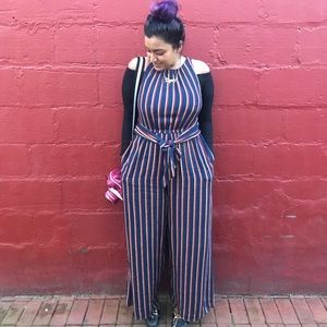 Anthropologie tie front stripe jumpsuit size Small
